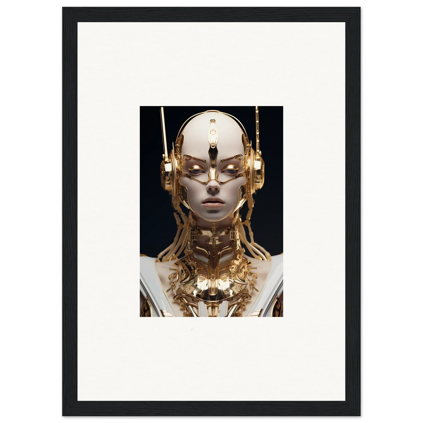 Futuristic humanoid robot with golden features as Echo Entity framed wall art decor