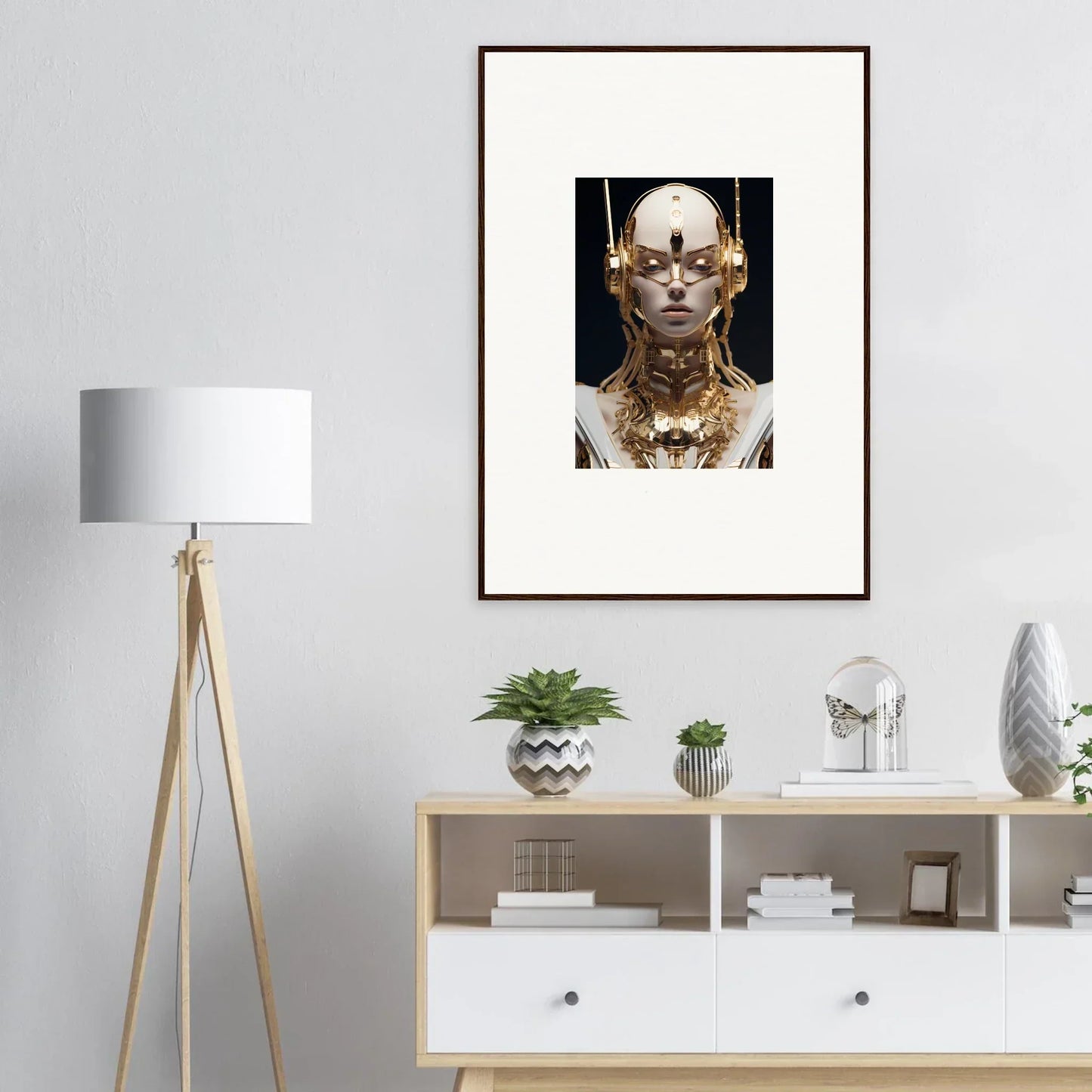 Framed wall art of a person with gold-painted skin as a unique Echo Entity decor