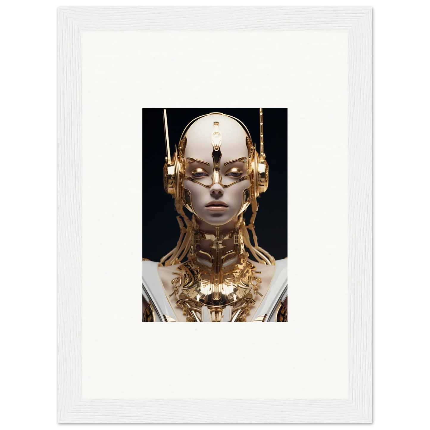 Futuristic humanoid robot with golden accents for Echo Entity room decor framed wall art