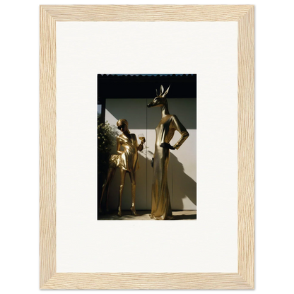 Framed photograph of two golden mannequins in elegant poses.