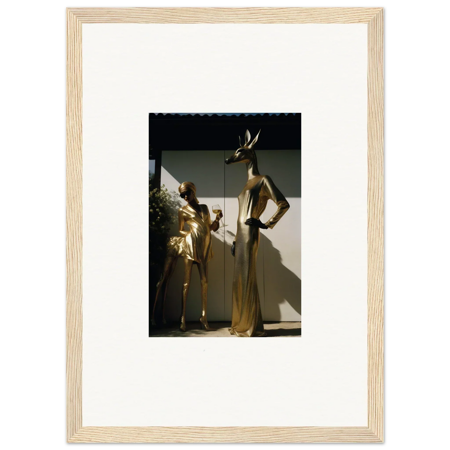 Framed photograph of two golden mannequins in elegant poses.