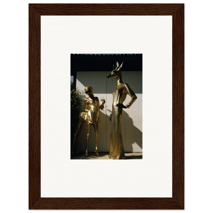 Framed photograph of two golden mannequins in elegant evening wear.