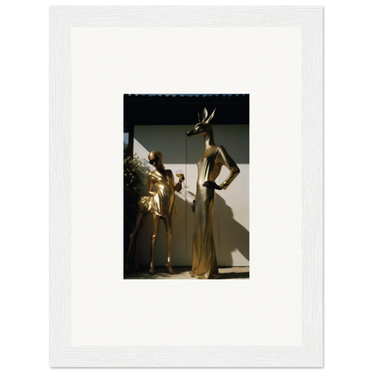 Framed photograph of two mannequins wearing golden outfits.