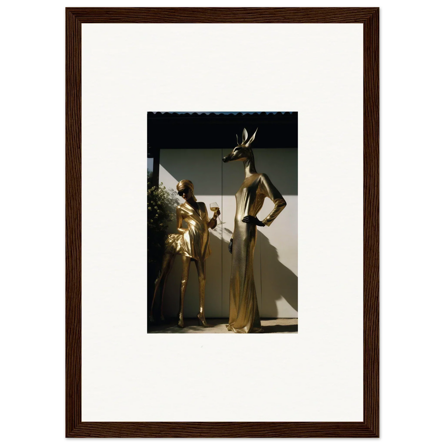 Mannequin wearing a shimmering gold evening gown and headdress.