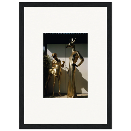 Mannequin wearing a shimmering gold evening gown and dramatic headpiece.