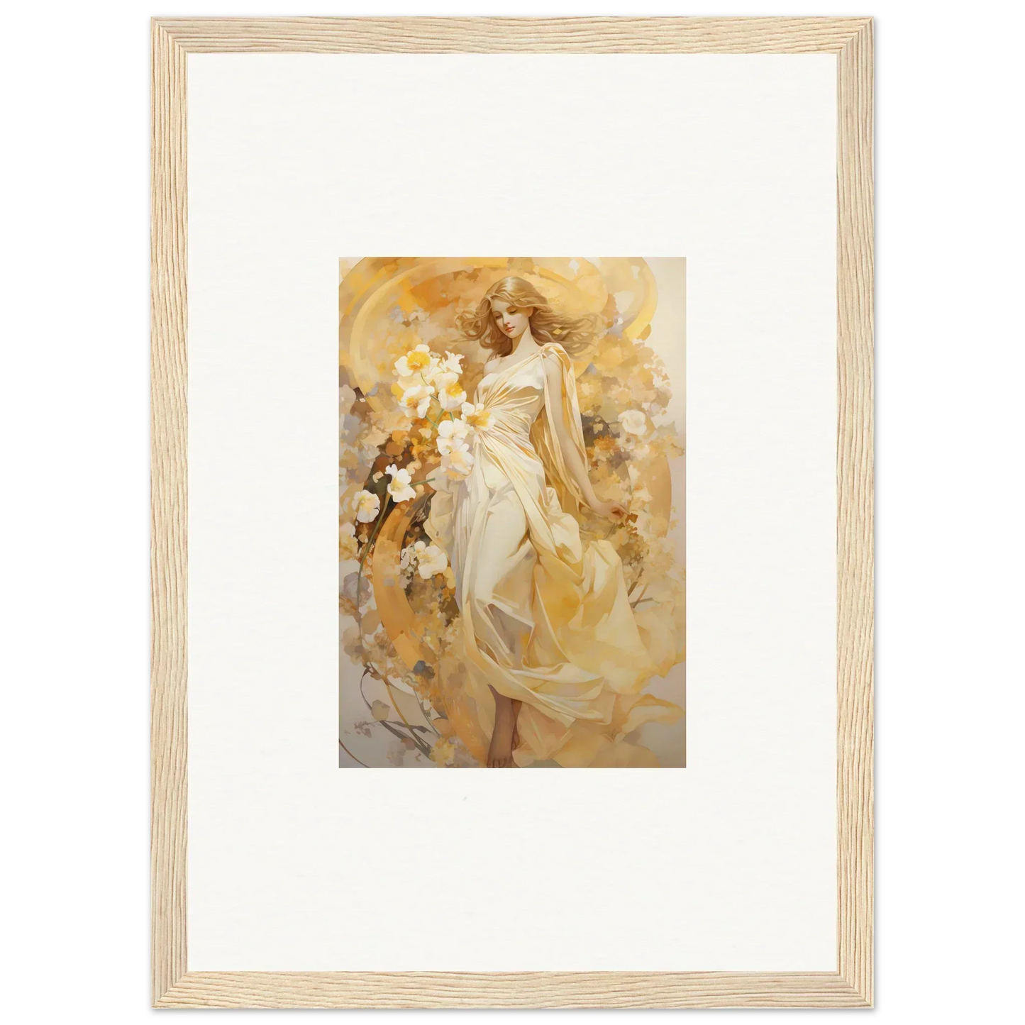 Framed canvas print of a woman in a white dress for ethereal symphony room decoration