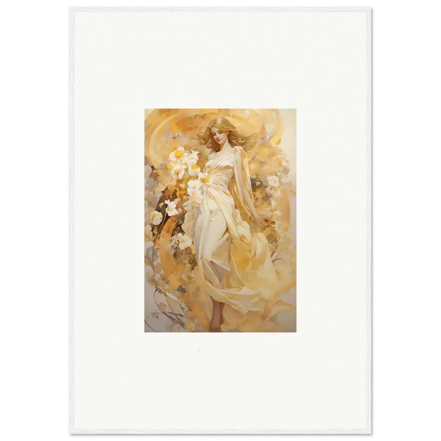 Impressionistic canvas print of a woman in a flowing white dress in an ethereal symphony