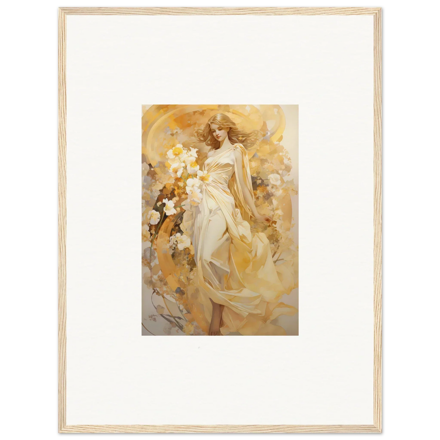 Framed canvas print of a woman in a flowing white dress for ethereal symphony room decoration