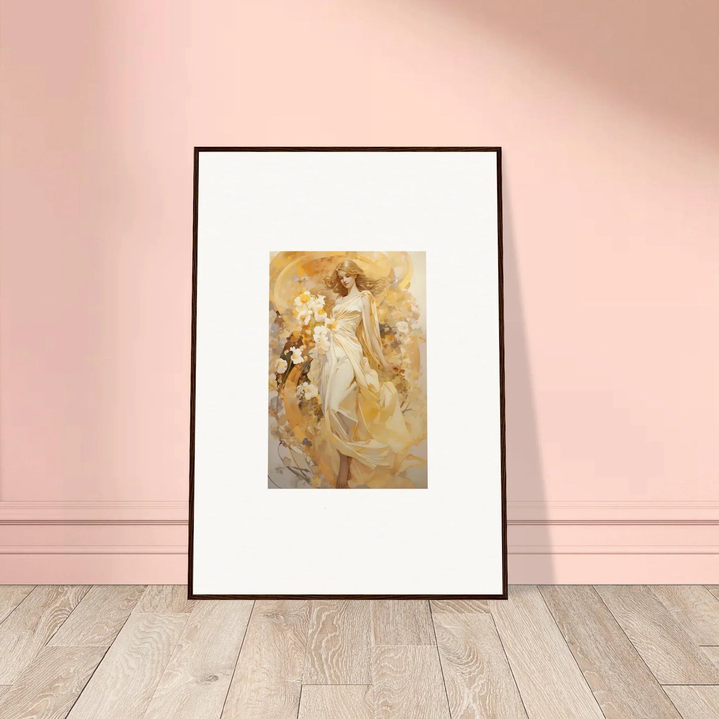 Framed canvas print of a woman in a flowing white dress for ethereal symphony room decoration