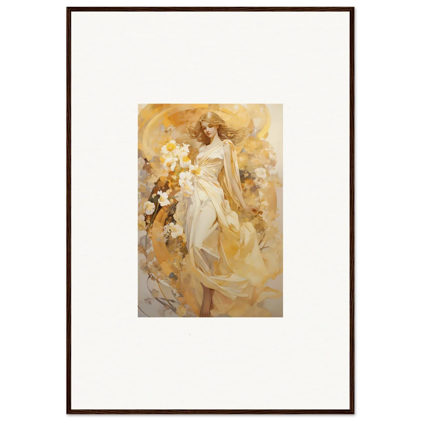 Framed canvas print of an ethereal symphony woman in golden hues for room decoration