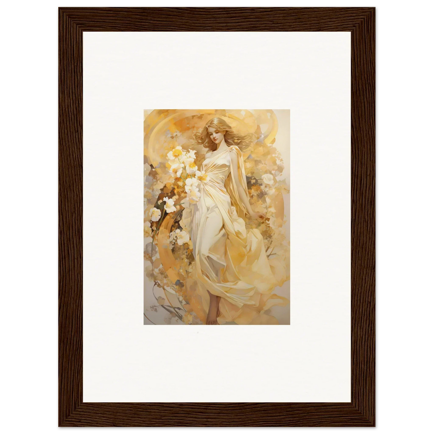 Framed canvas print of an ethereal woman in golden tones for stylish room decoration