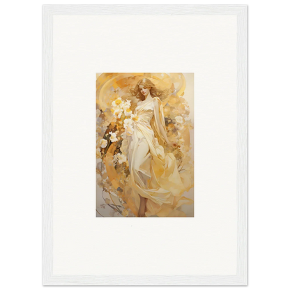 Framed canvas print of a woman in a white dress, perfect for ethereal symphony room decoration