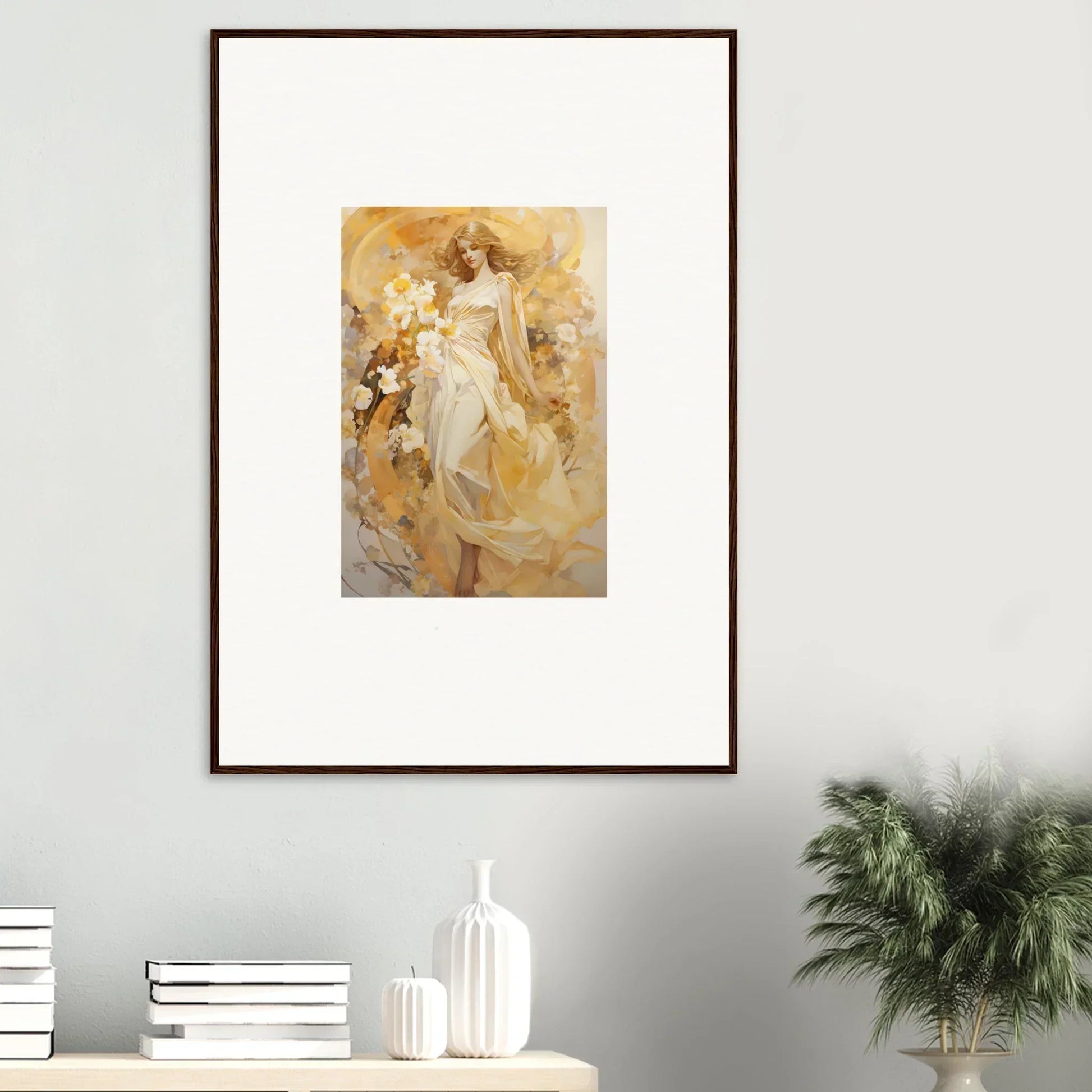 Framed canvas print of a woman in a flowing dress, perfect for ethereal symphony room decoration