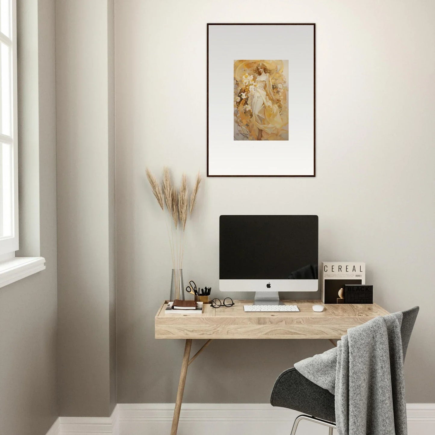 Minimalist wooden desk with a computer, perfect for an Ethereal Symphony room decoration