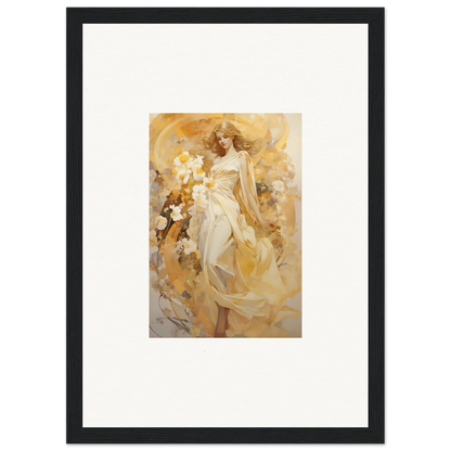 Framed canvas print of a woman in a flowing white dress for ethereal symphony room decoration