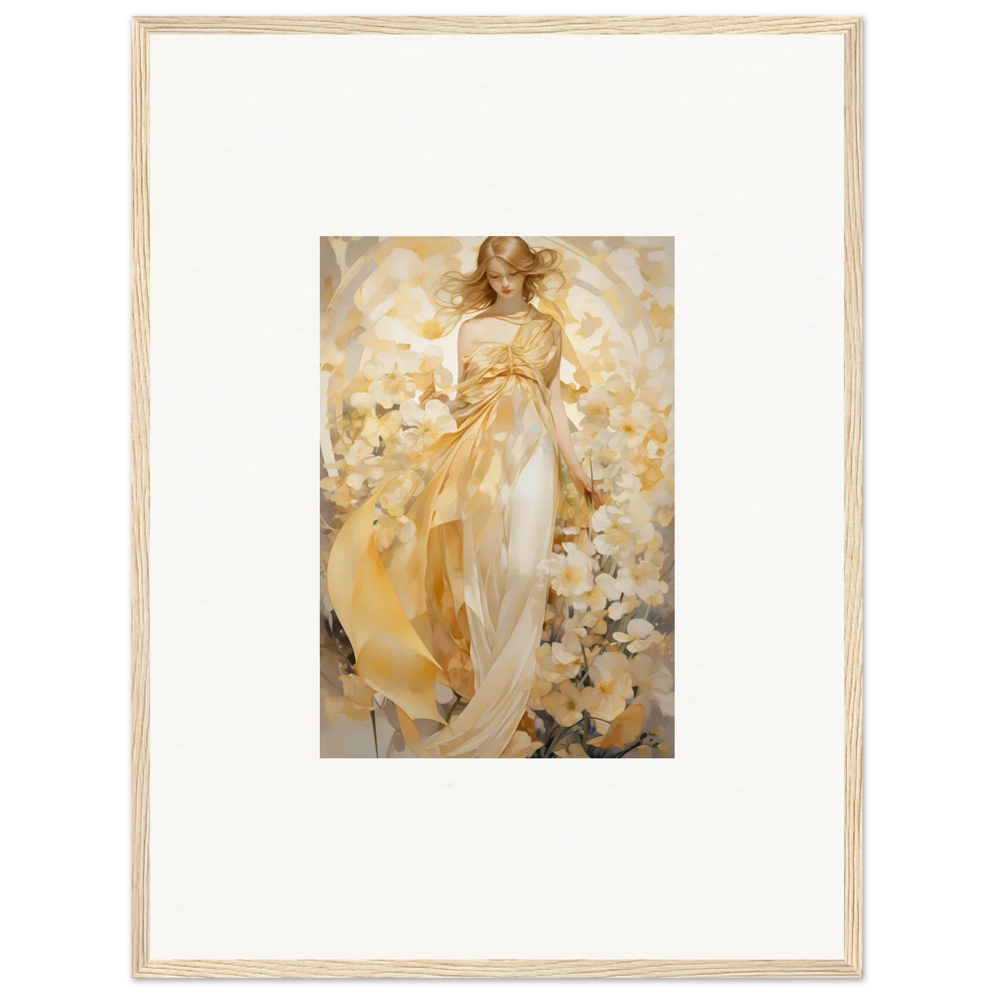 Framed canvas print of an ethereal woman in golden dress for stylish room decoration