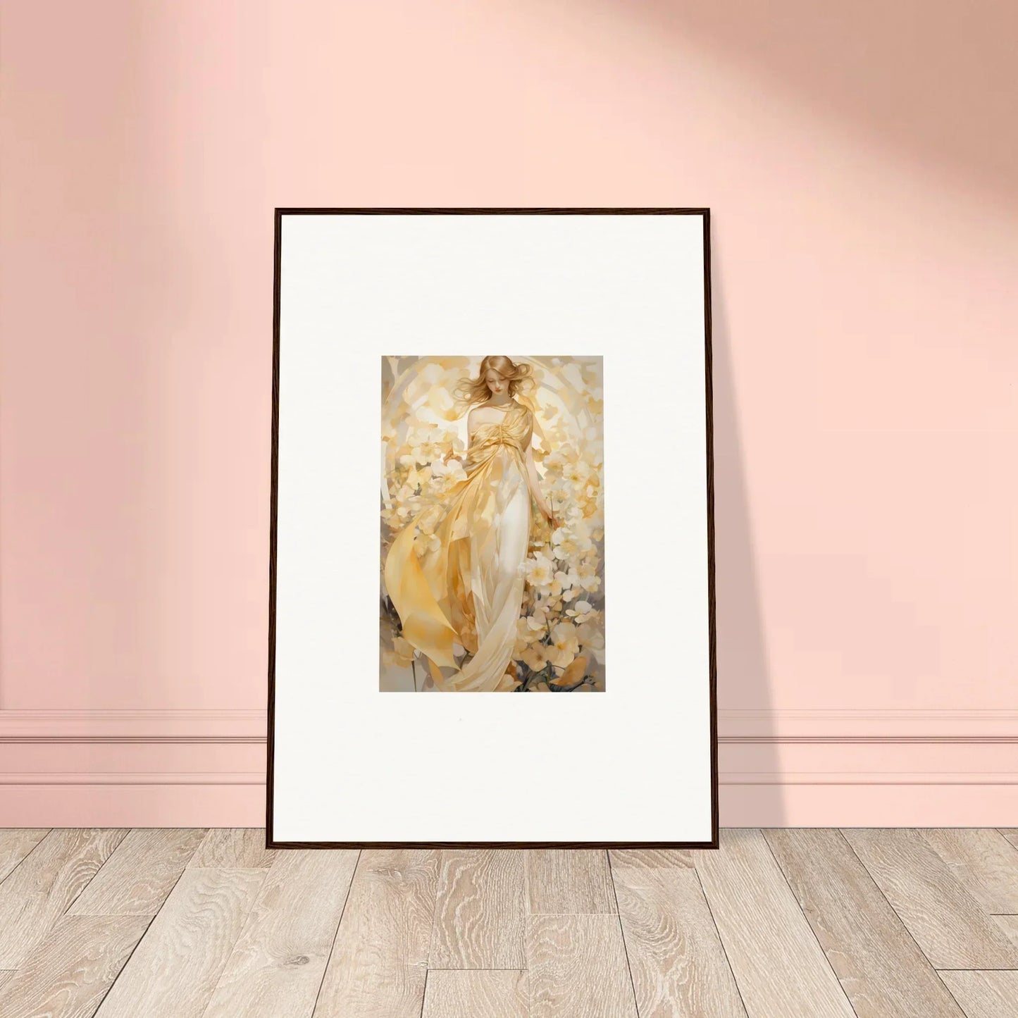 Framed canvas print of an ethereal tango woman in golden attire for room decoration