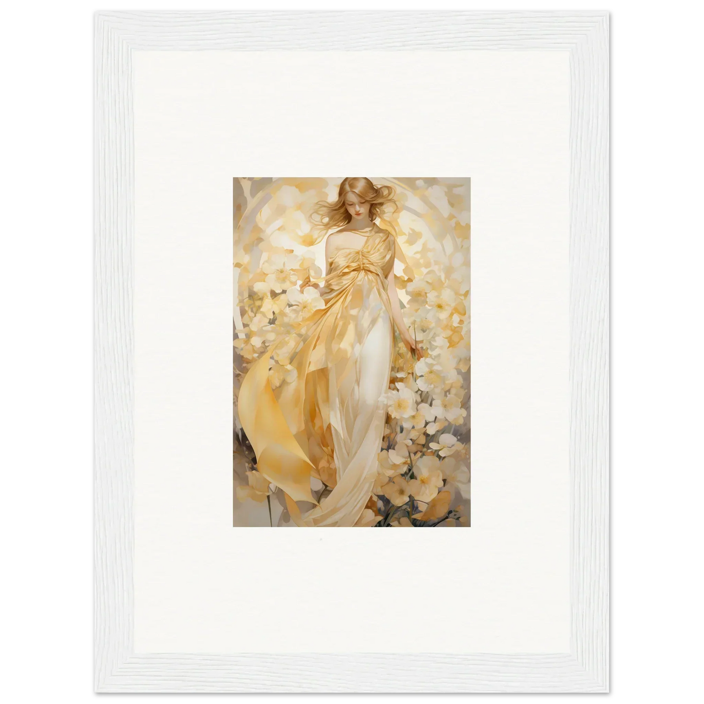 Ethereal Tango canvas print of a woman in a golden dress and flowers for room decoration