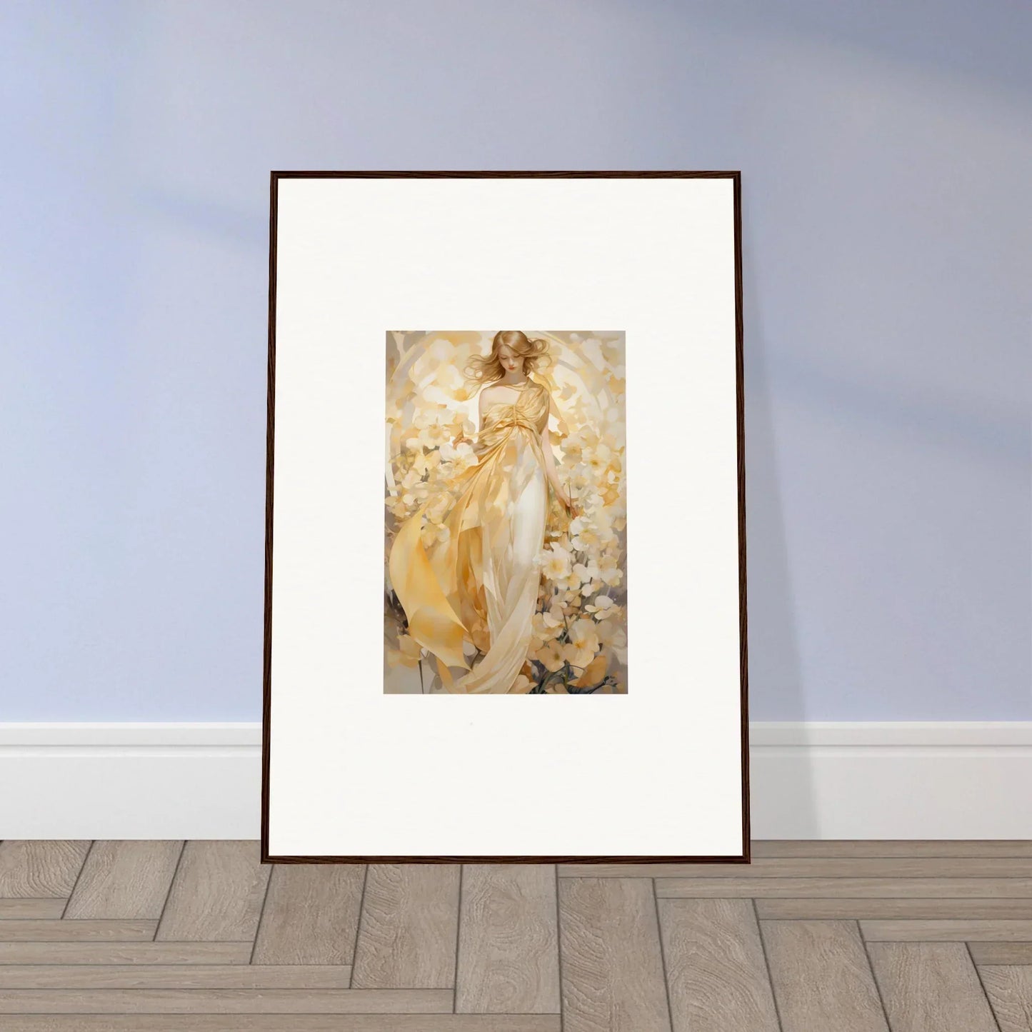 Ethereal Tango canvas print of a woman in a yellow dress surrounded by flowers