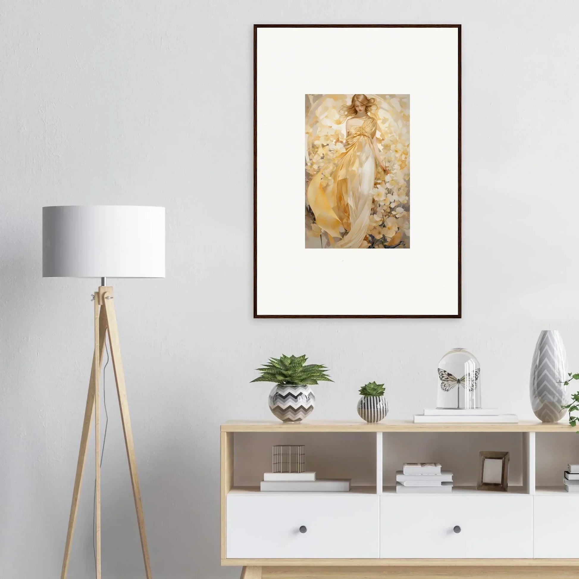 Framed canvas print of a woman in a yellow dress for ethereal tango room decoration