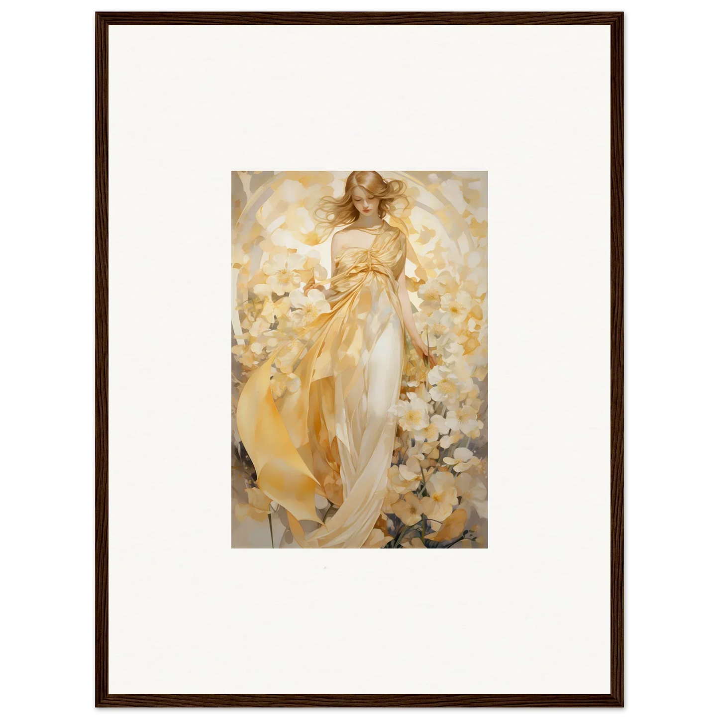 Framed canvas print of an ethereal woman in a golden dress for room decoration