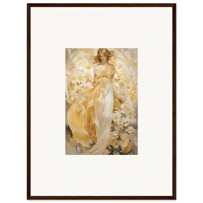 Framed canvas print of an ethereal woman in a golden dress for room decoration