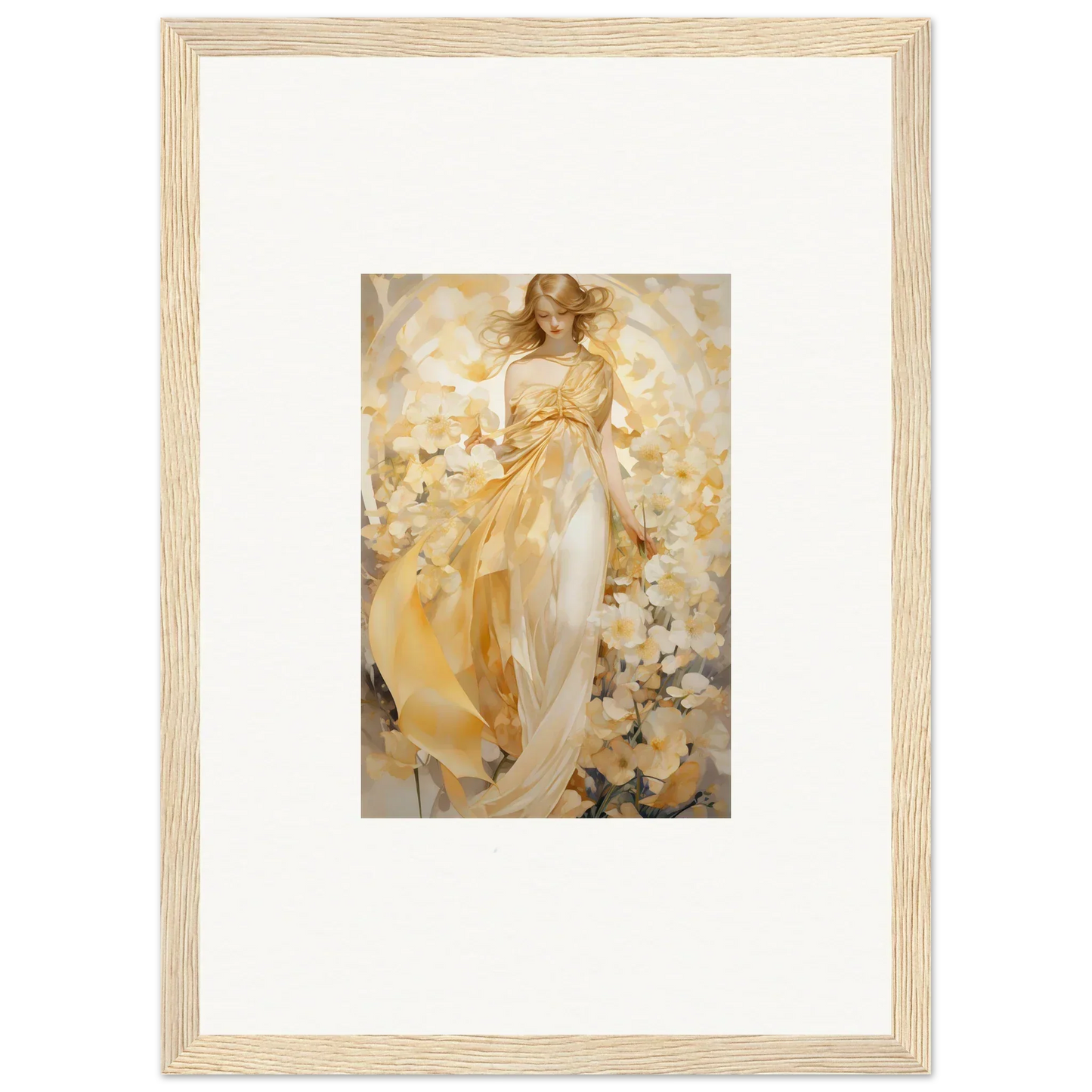 Framed canvas print of an ethereal woman in a golden dress for stylish room decoration