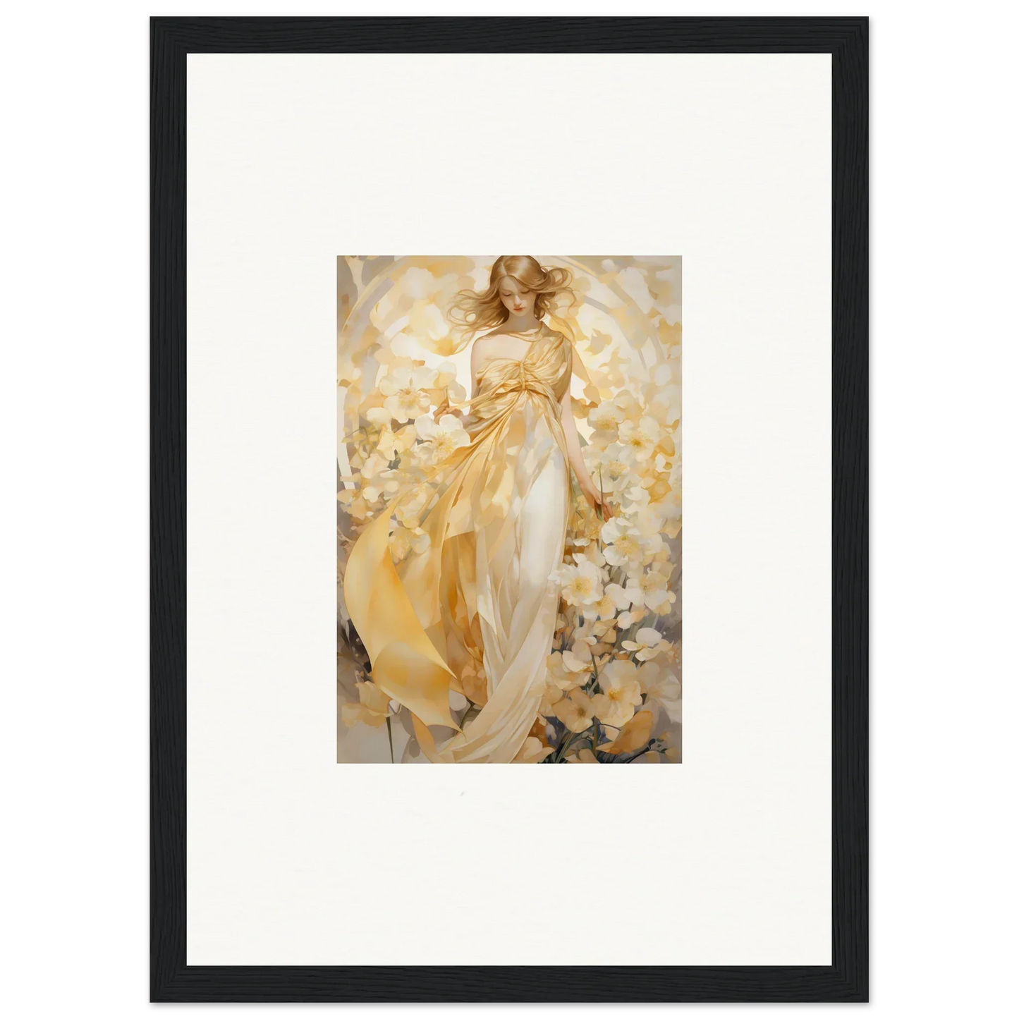 Ethereal Tango canvas print of a woman in a golden dress with flowers for room decoration