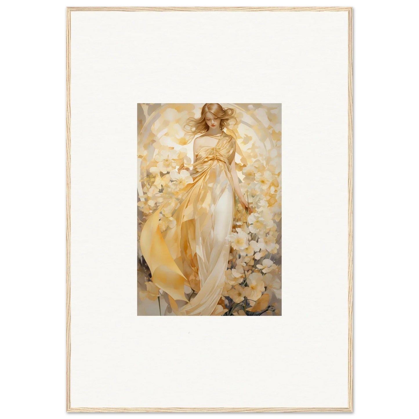 Ethereal painting of a woman in a golden dress for chic room decoration canvas print