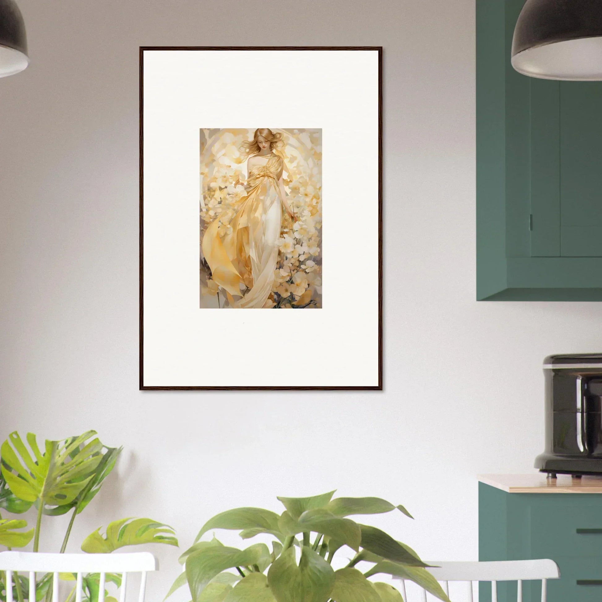 Framed canvas print of an ethereal tango woman in a yellow dress with flowers for room decoration