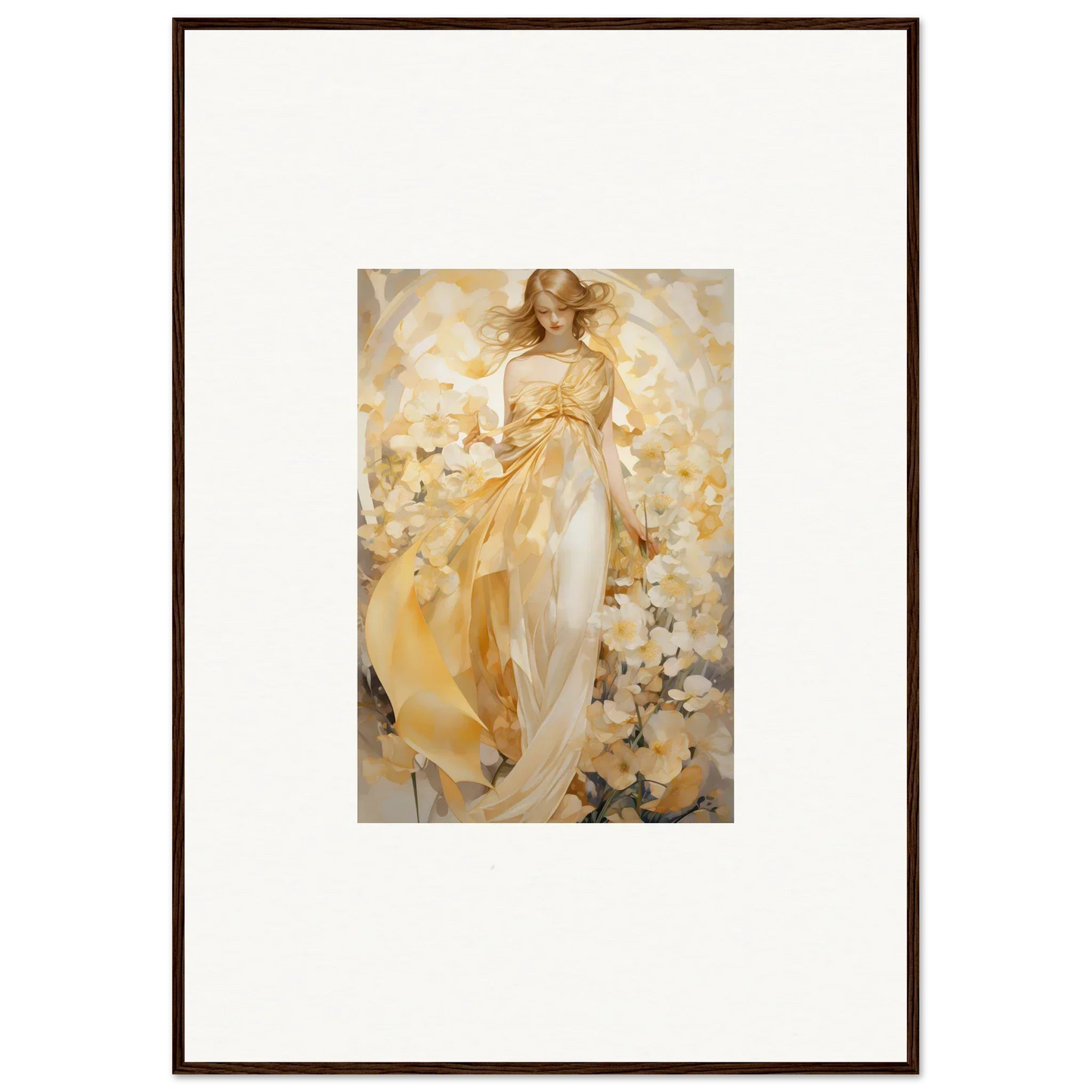 Framed canvas print of an ethereal woman in a golden dress for room decoration