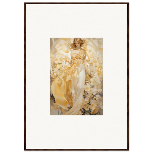 Framed canvas print of an ethereal woman in a golden dress for room decoration