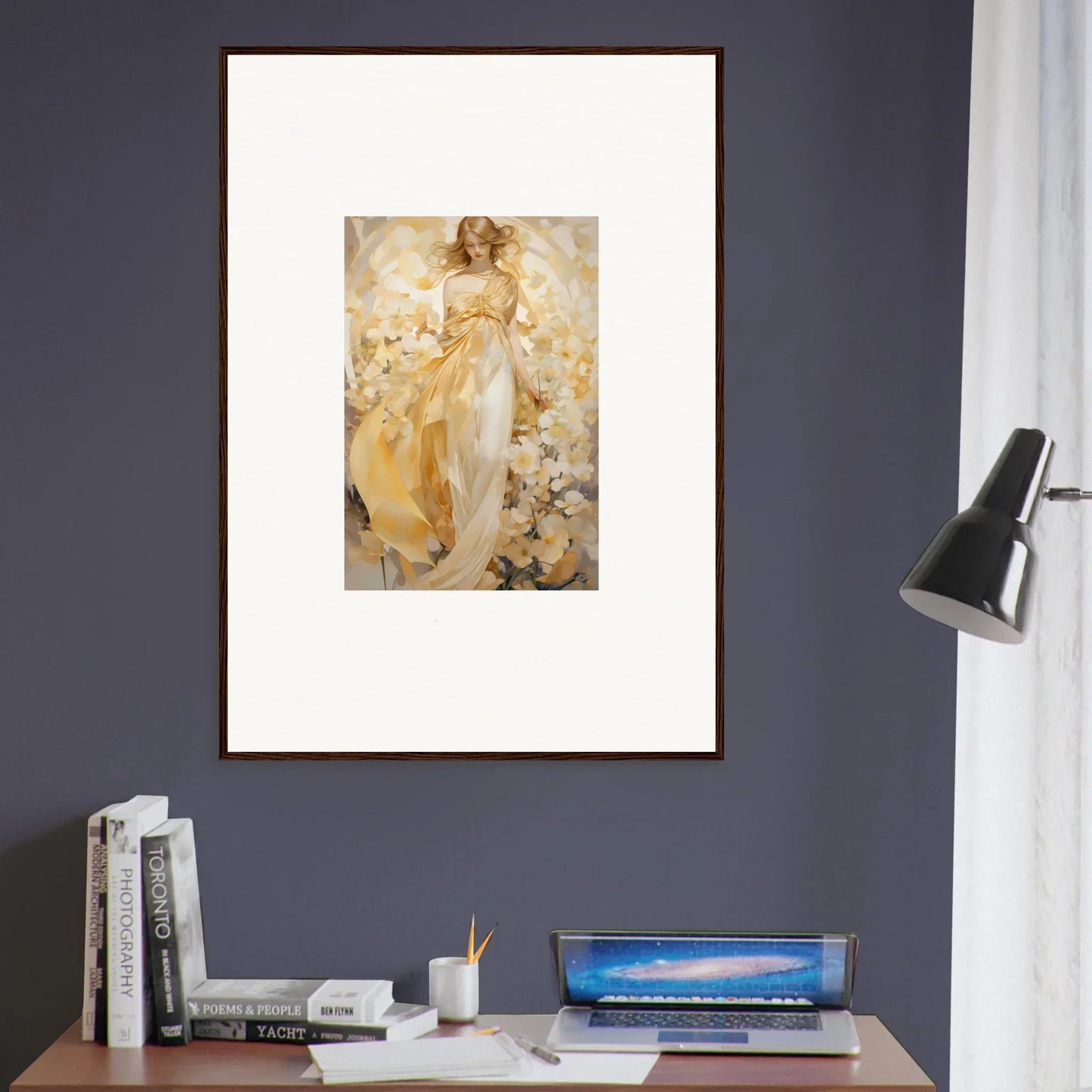 Framed canvas print of an ethereal woman in white and gold for chic room decoration