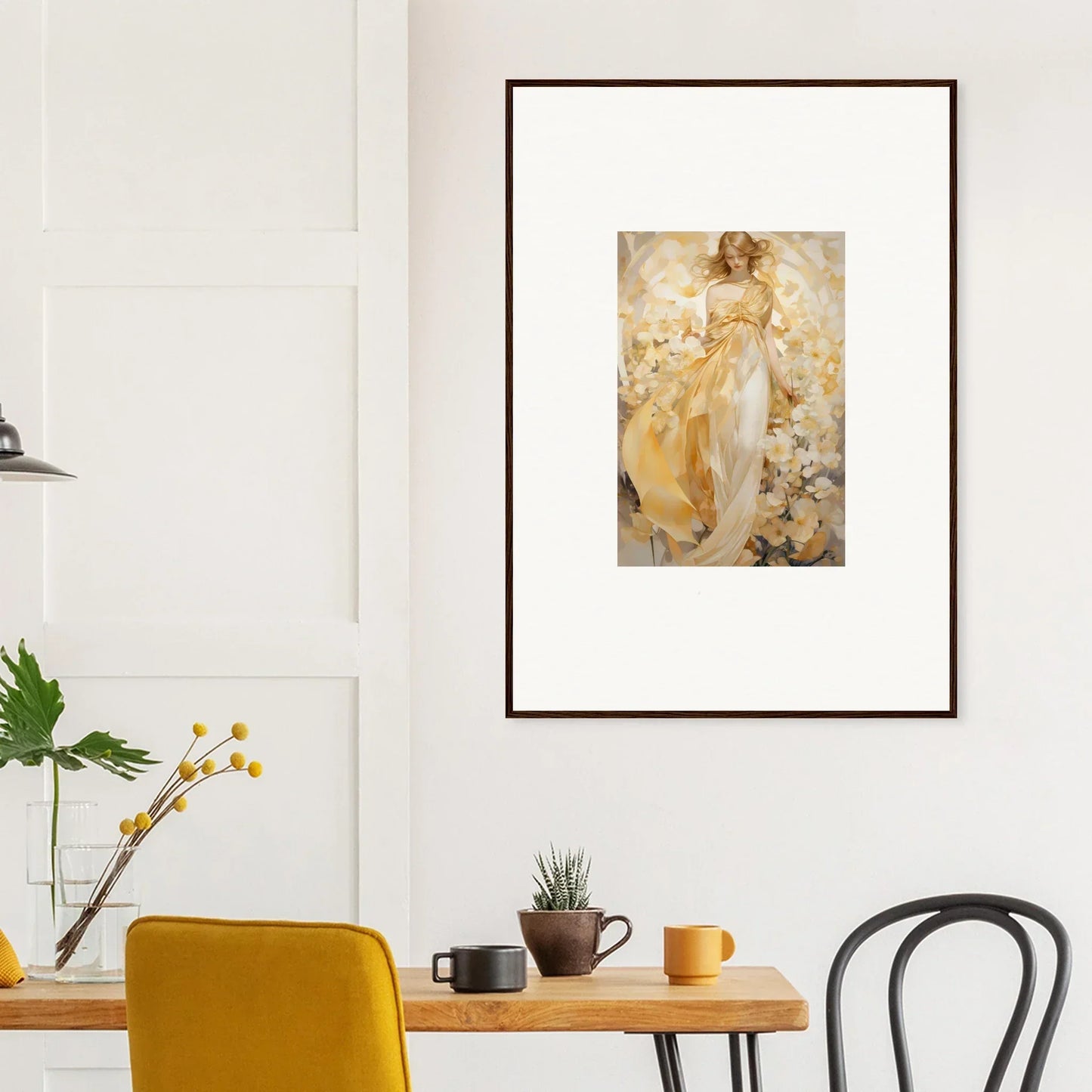 Ethereal Tango canvas print of a woman in a yellow dress with flowers for room decoration