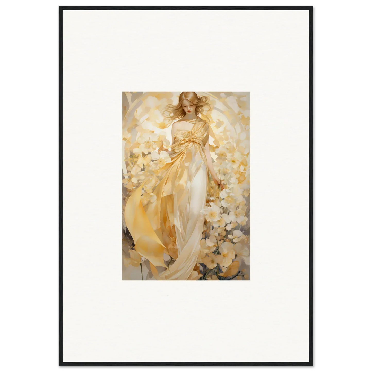 Ethereal woman in golden dress among flowers for a stunning canvas print room decoration