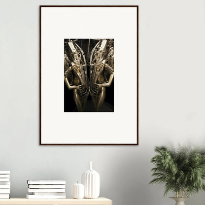 Framed black and white canvas print of symmetrical metallic figures for unique room decoration