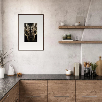 Modern kitchen with wooden cabinets, dark countertops, and machine dreams canvas print