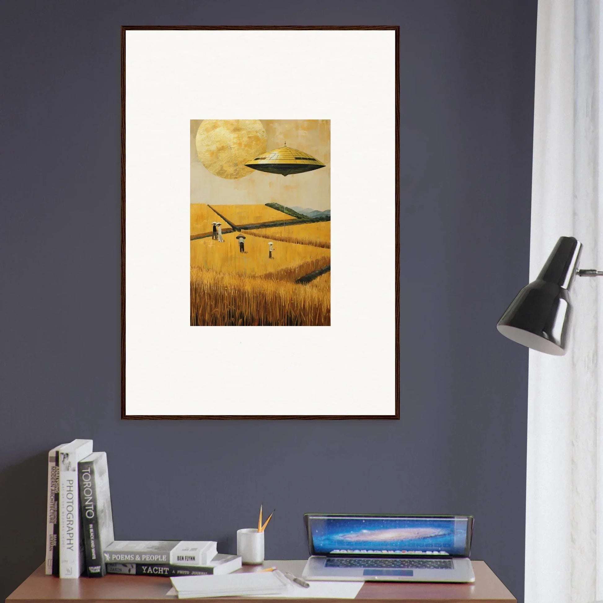 Framed canvas print of a UFO over a melancholy field for unique room decoration