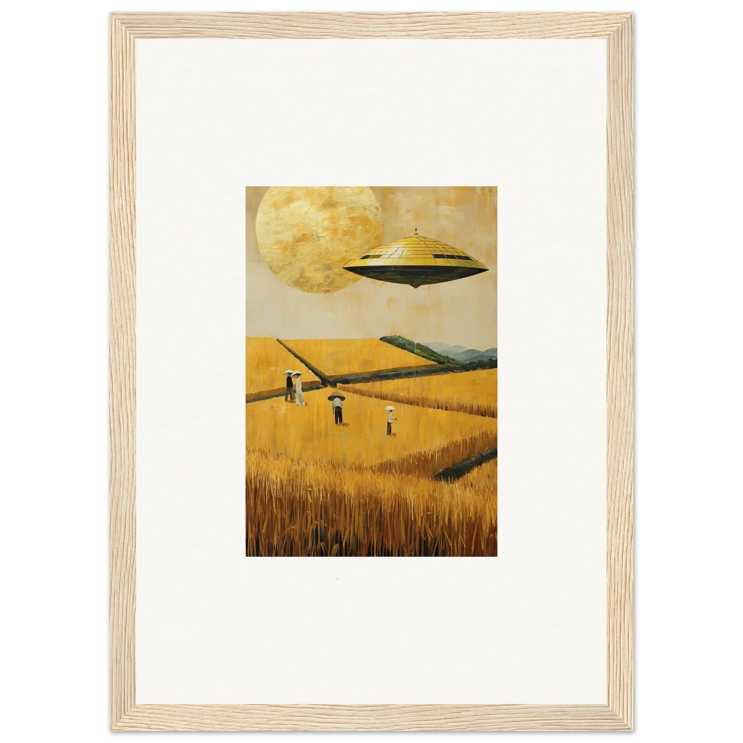 Framed canvas print of a UFO over a golden melancholy field for unique room decoration