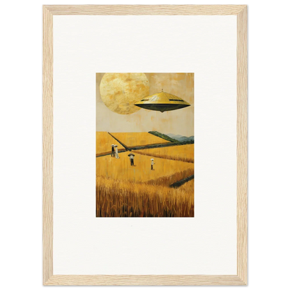 Framed canvas print of a UFO over a golden melancholy field for unique room decoration