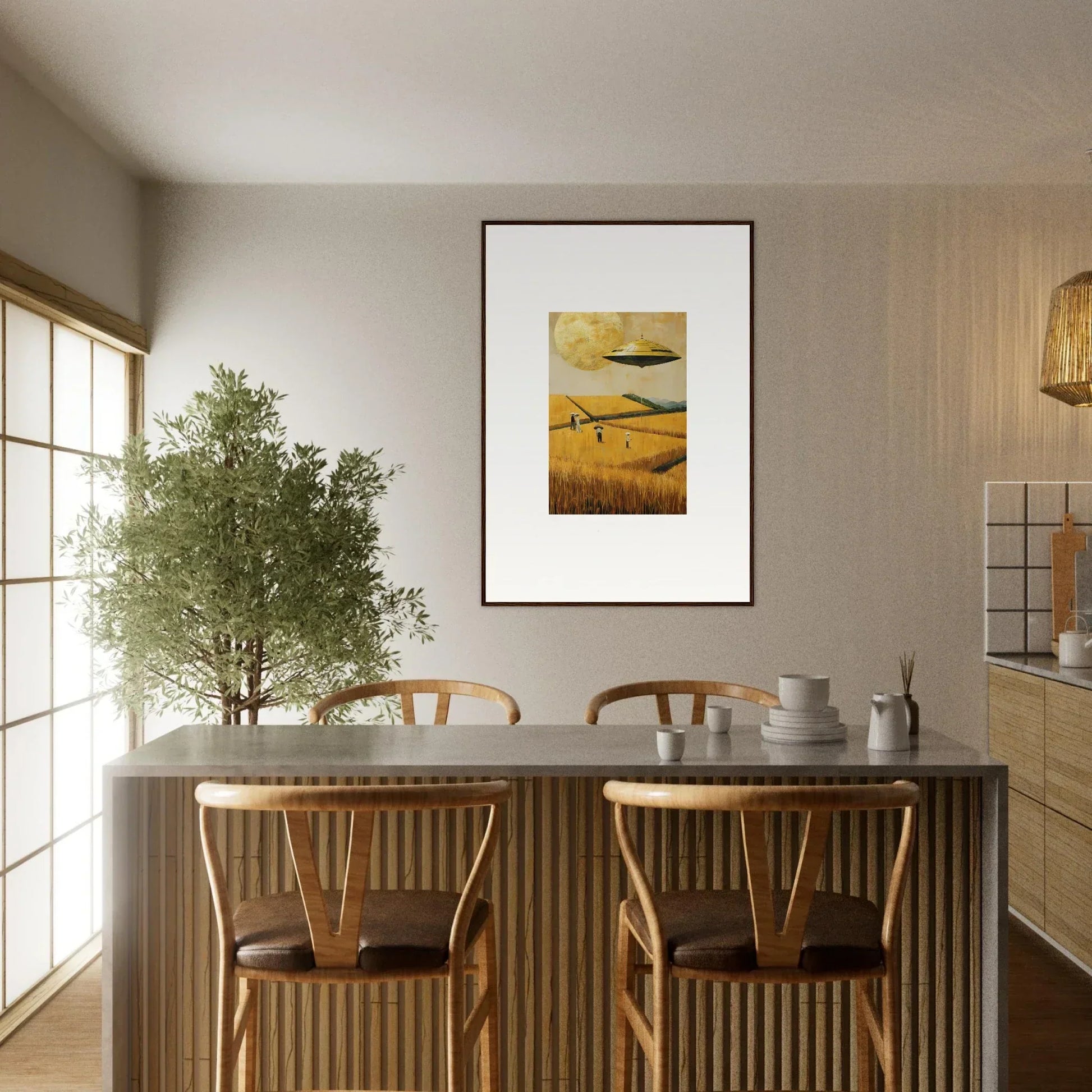 Dining table with wooden chairs and a potted tree for stylish room decoration