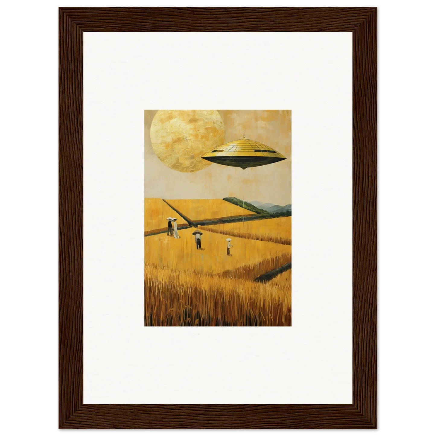 Framed canvas print of a UFO over a melancholy field for unique room decoration