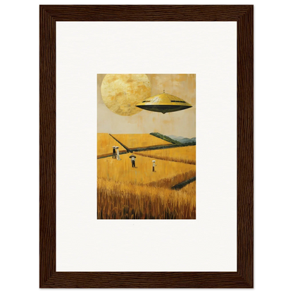 Framed canvas print of a UFO over a melancholy field for unique room decoration