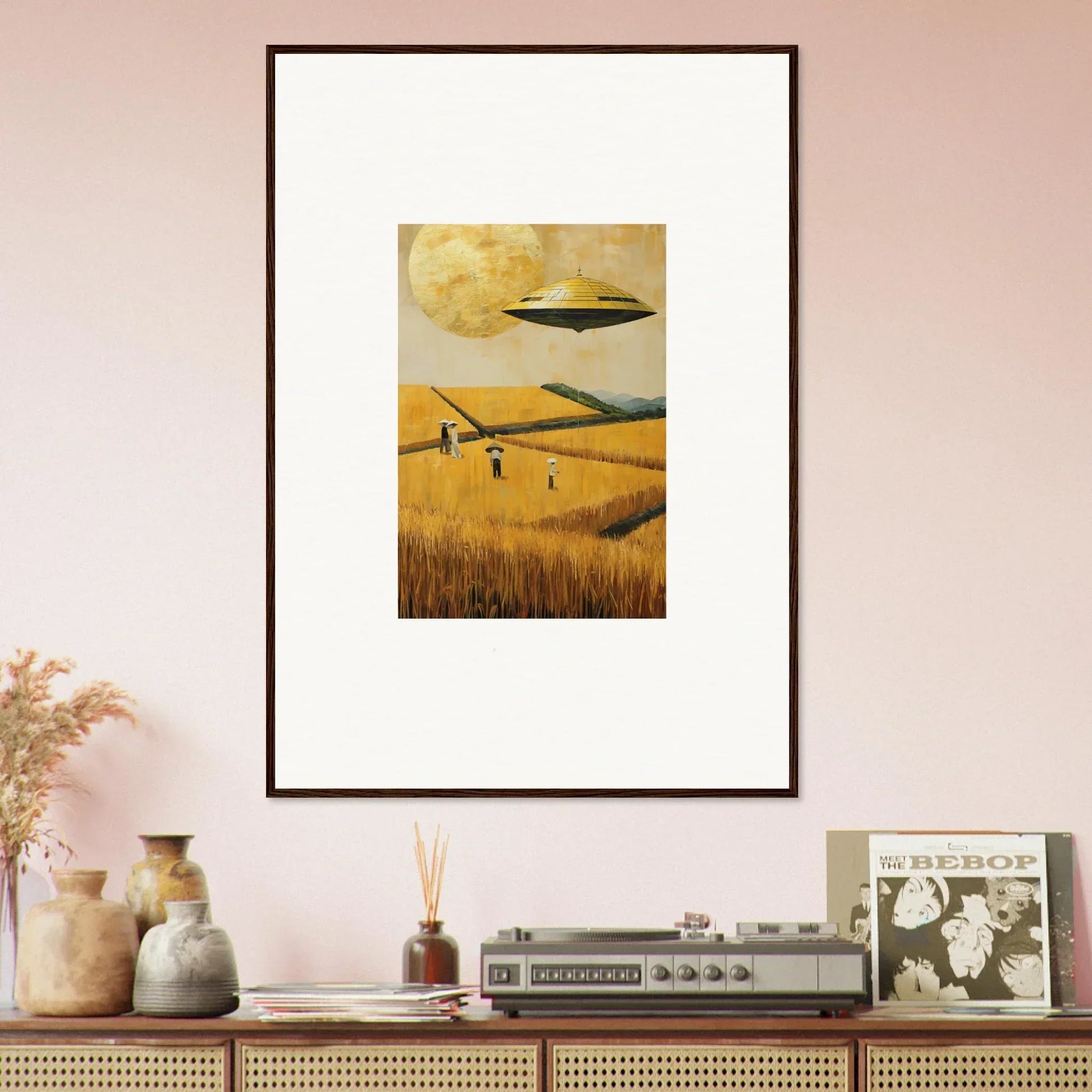 Framed canvas print of a UFO over a melancholy field, perfect for room decoration