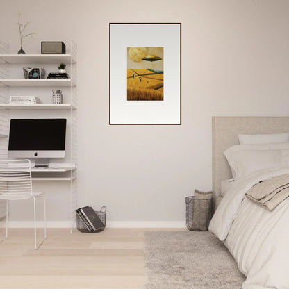 Framed canvas print of a melancholy field with birds for stylish room decoration