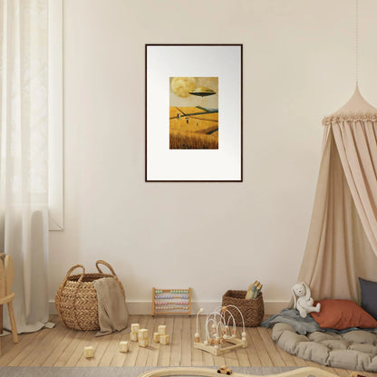 Surreal canvas print of a melancholy field with UFOs, perfect for unique room decoration