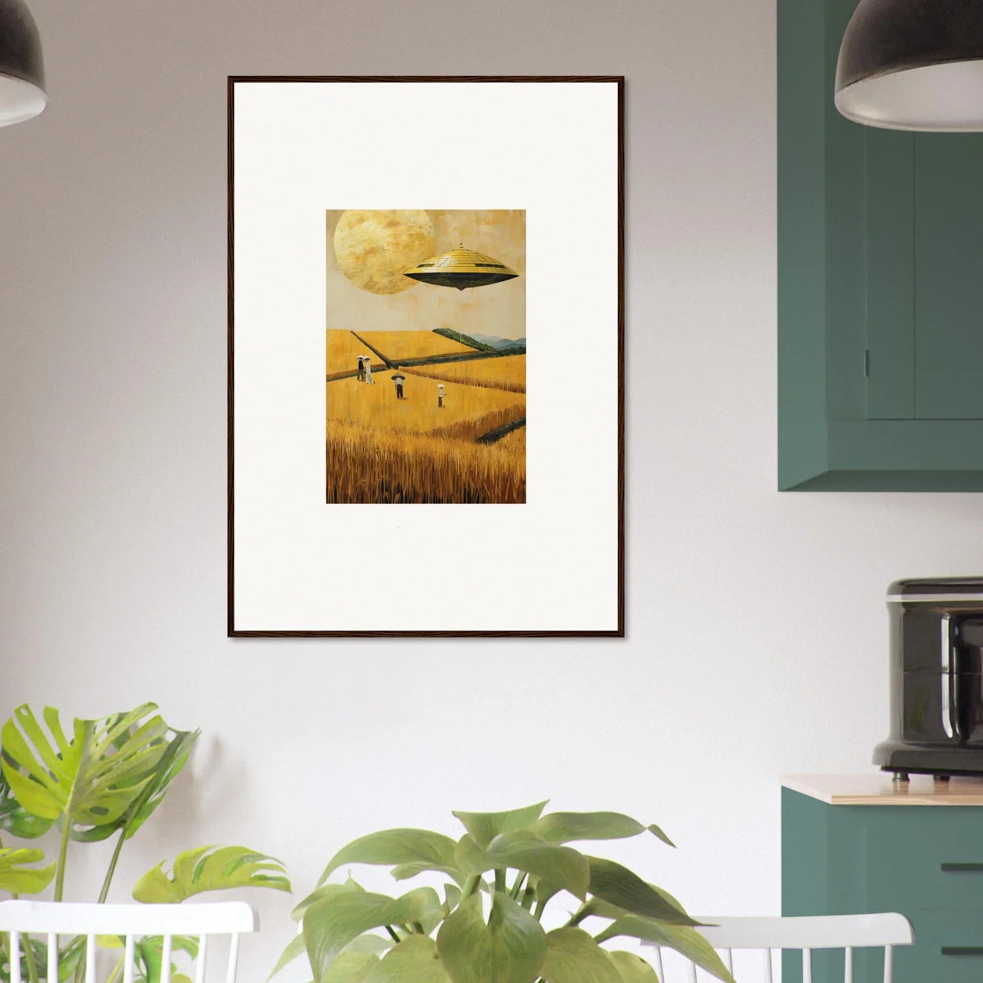 Framed canvas print of a UFO over a golden melancholy field for unique room decoration