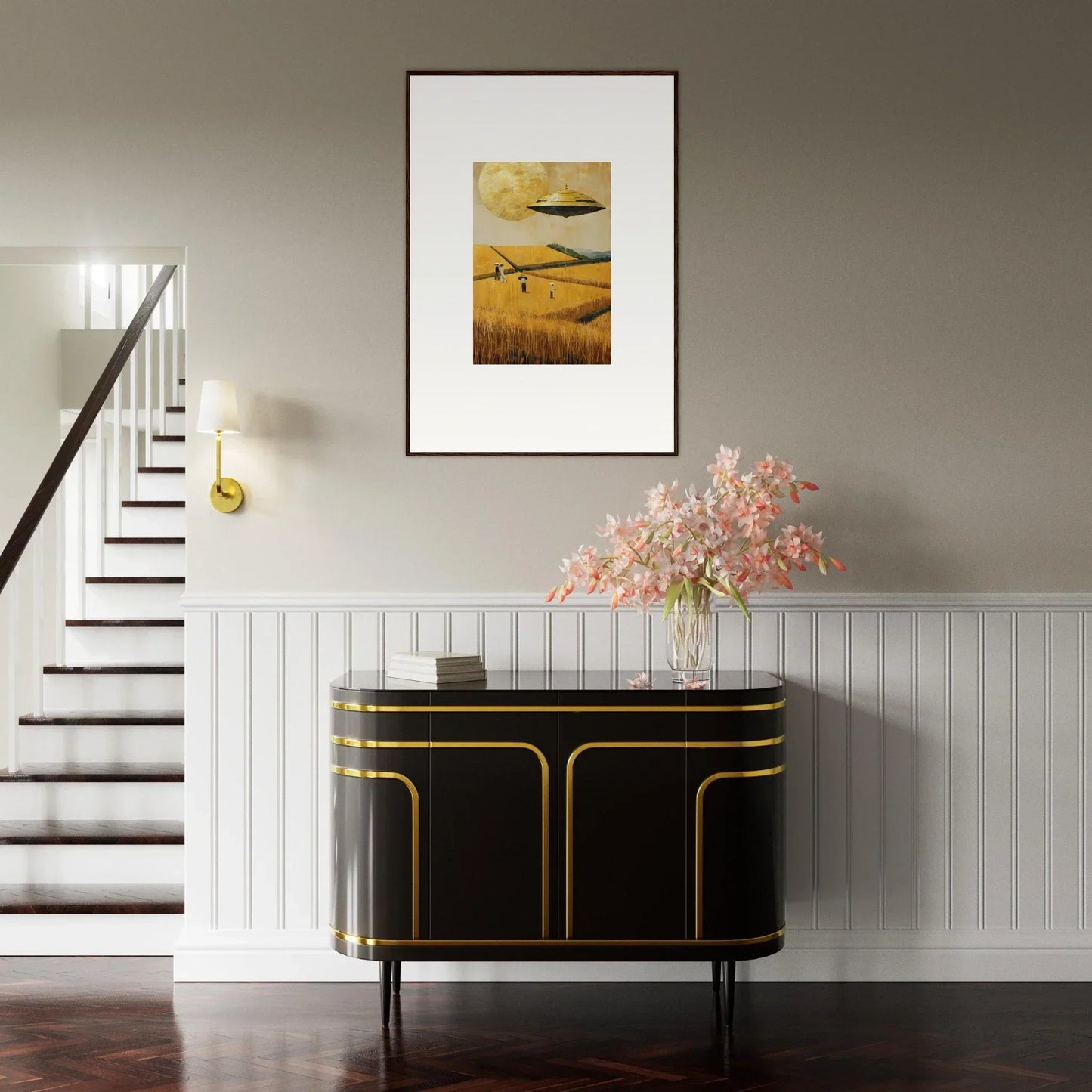 Elegant black and gold sideboard perfect for room decoration with a Melancholy Field print