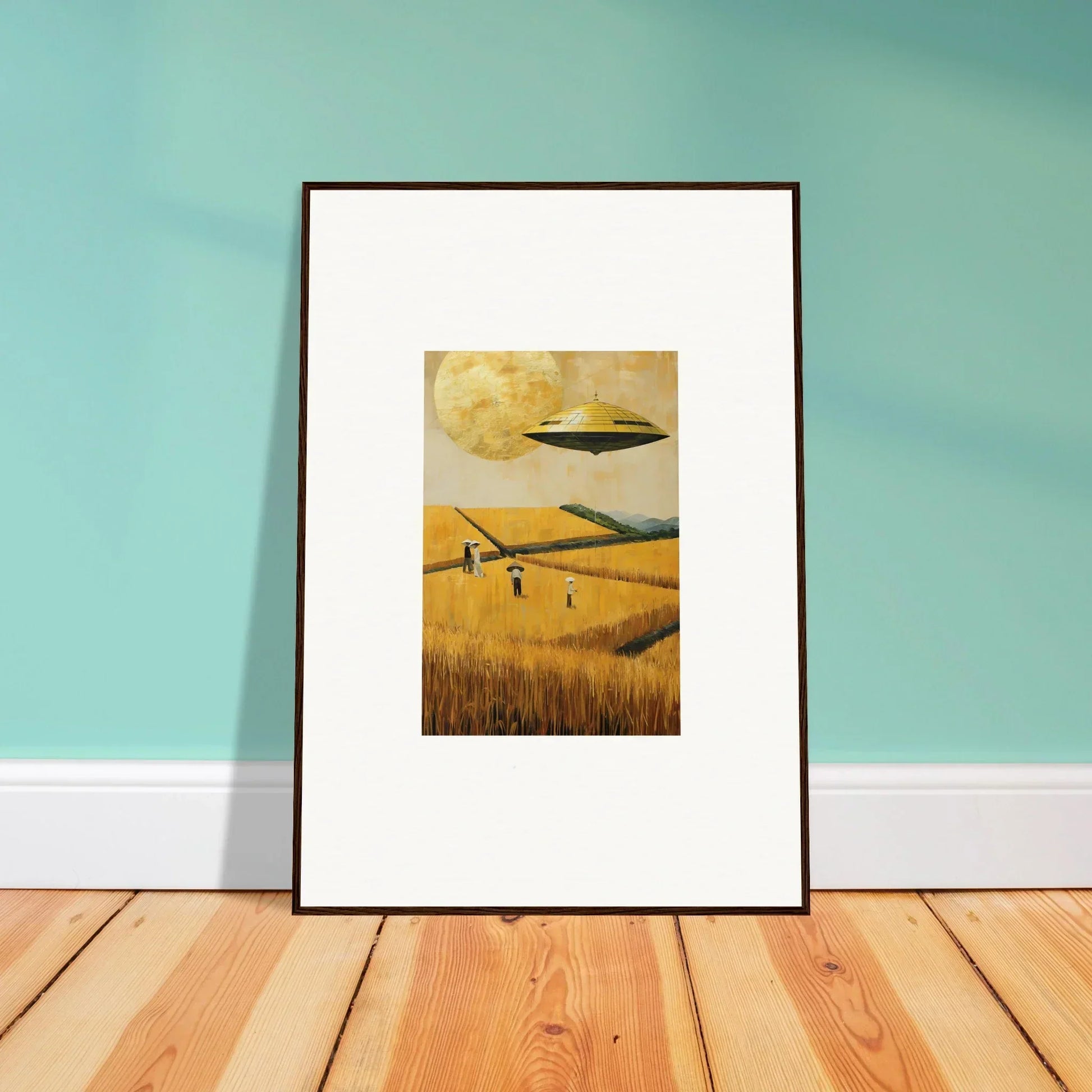 Framed canvas print of a UFO over a melancholy field for cool room decoration