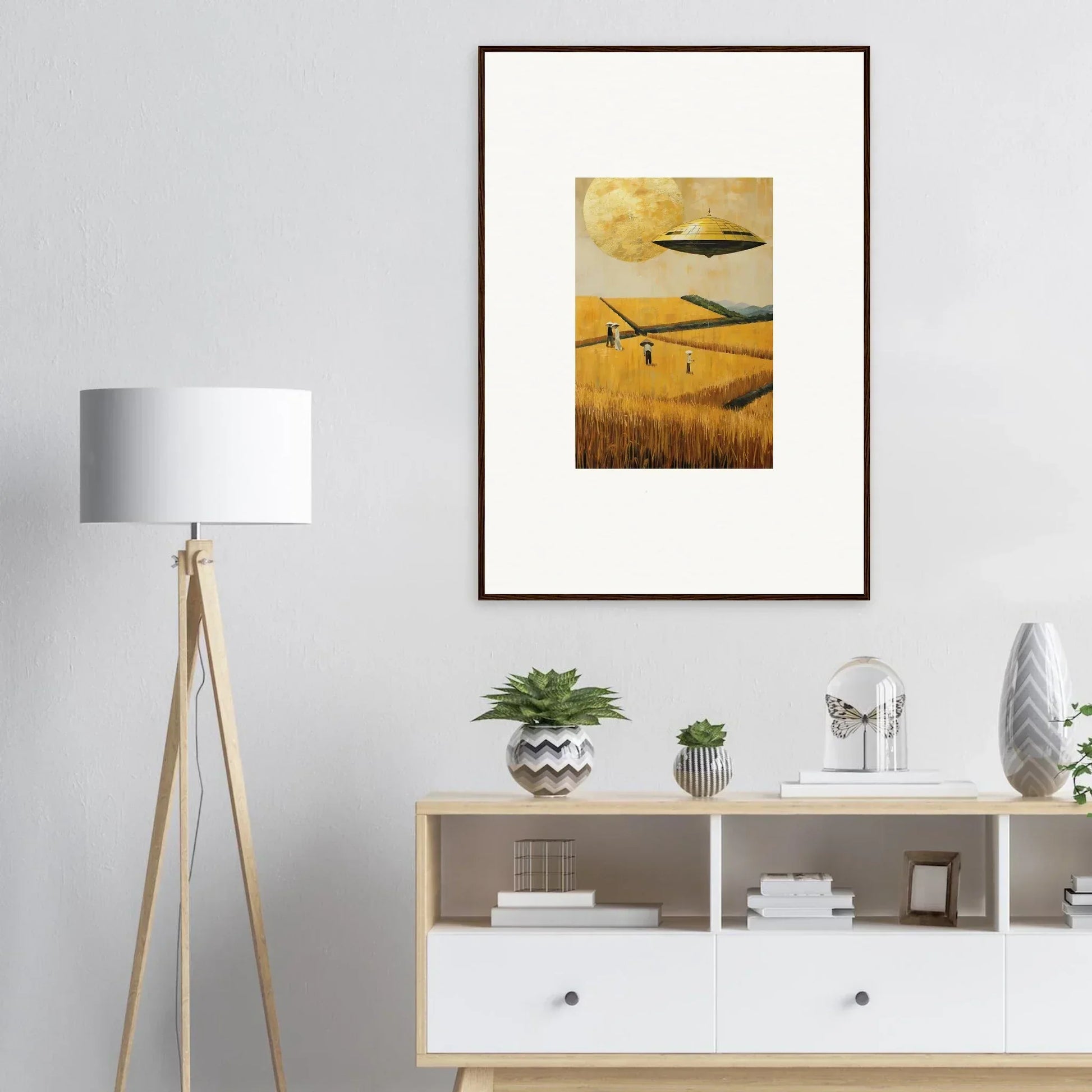 Framed canvas print of UFOs over a melancholy field at sunset, perfect room decoration